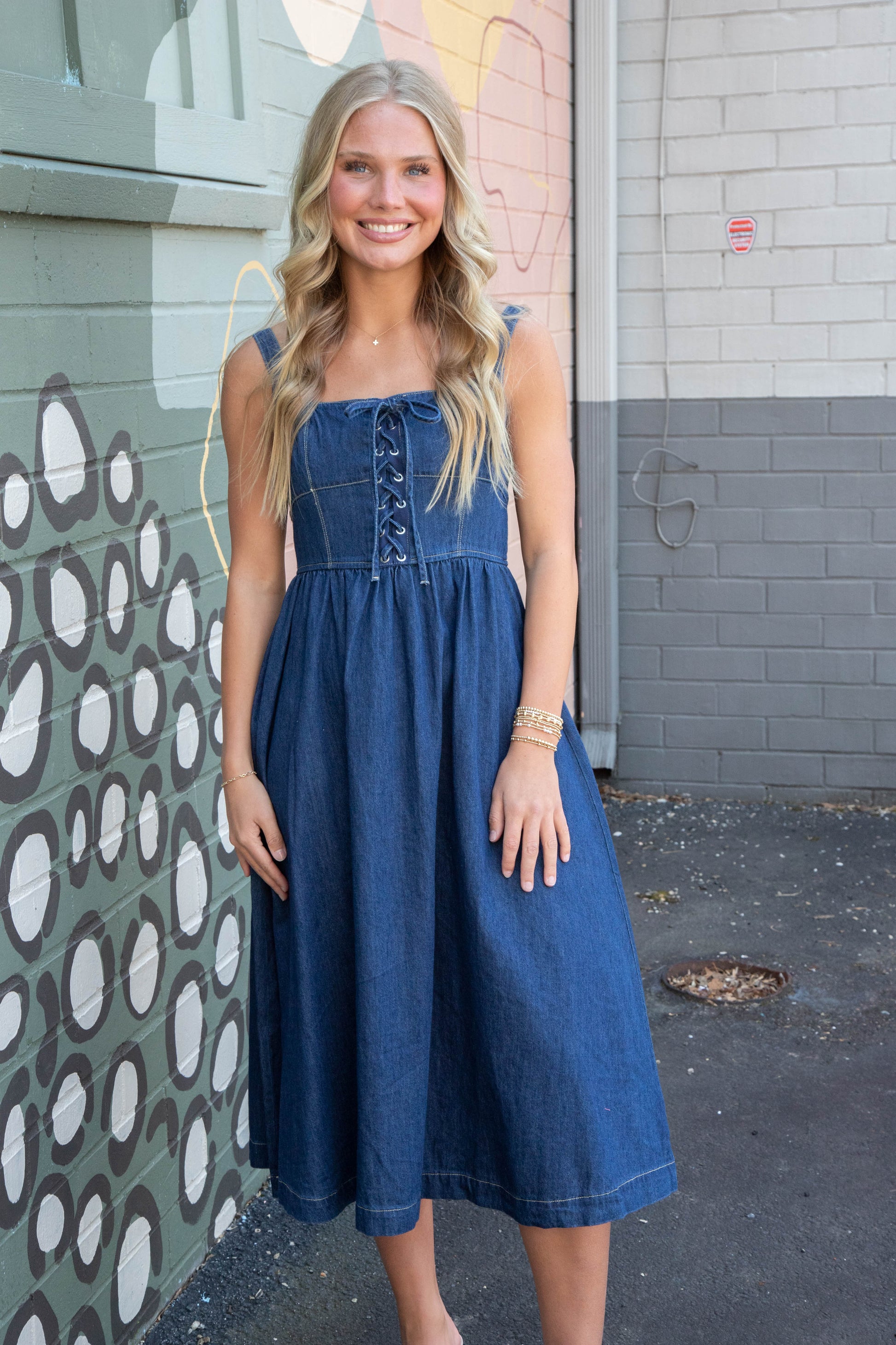  Eliana Lace Up Midi Dress, Denim