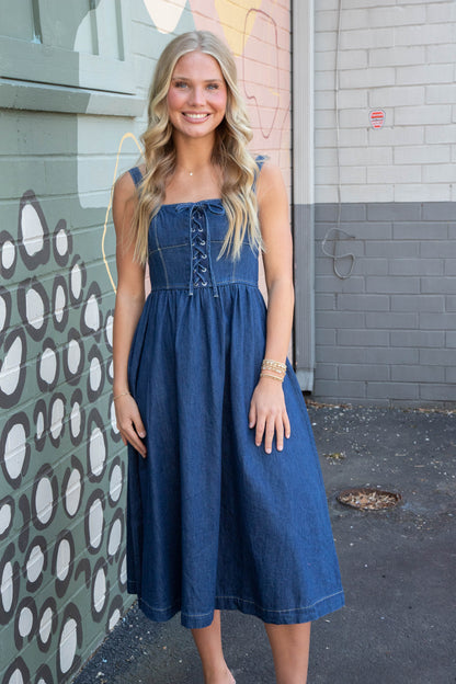  Eliana Lace Up Midi Dress, Denim