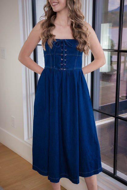  Eliana Lace Up Midi Dress, Denim