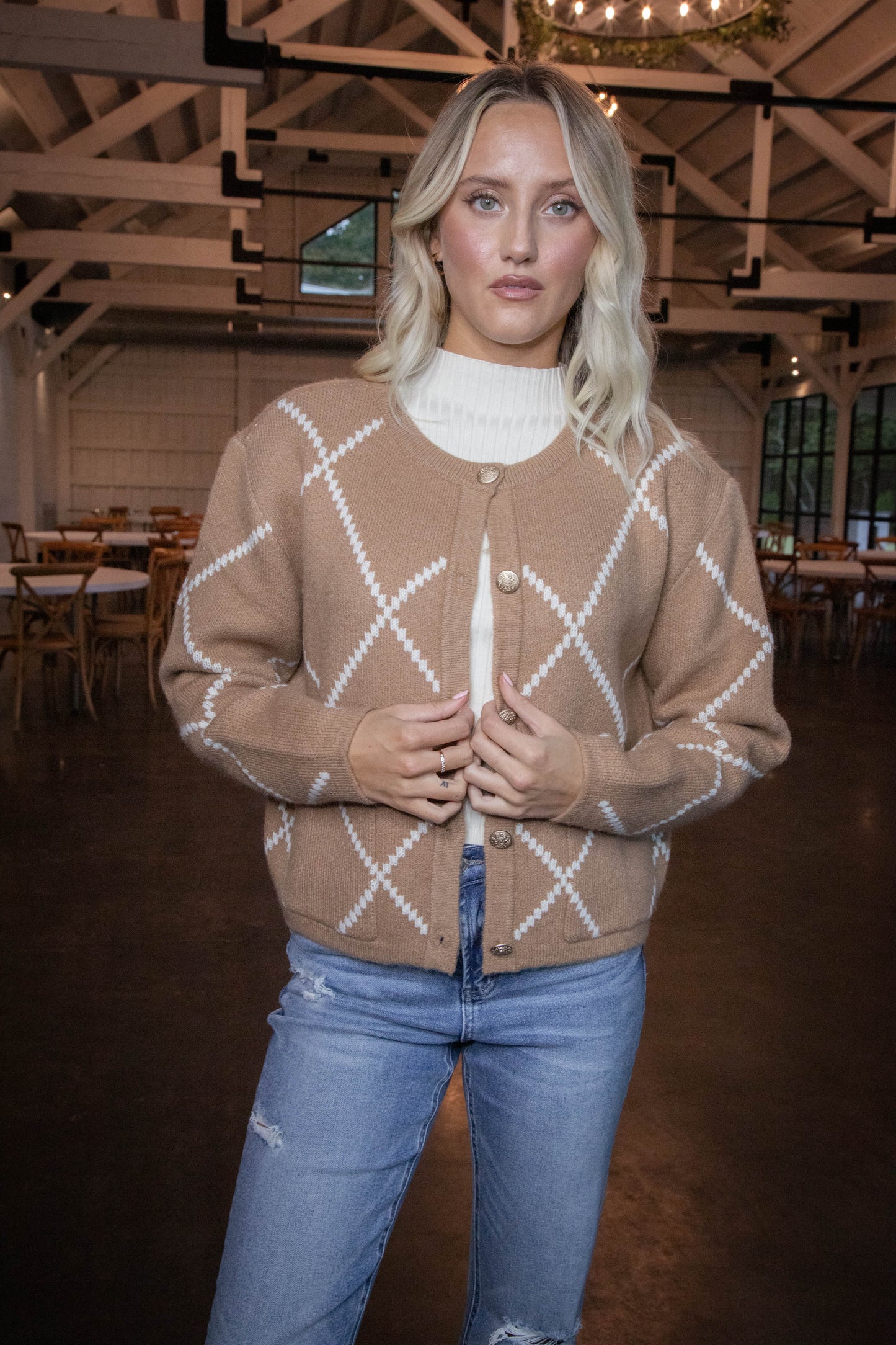  Argyle Thick Knit Cardigan, Brown/Ivory