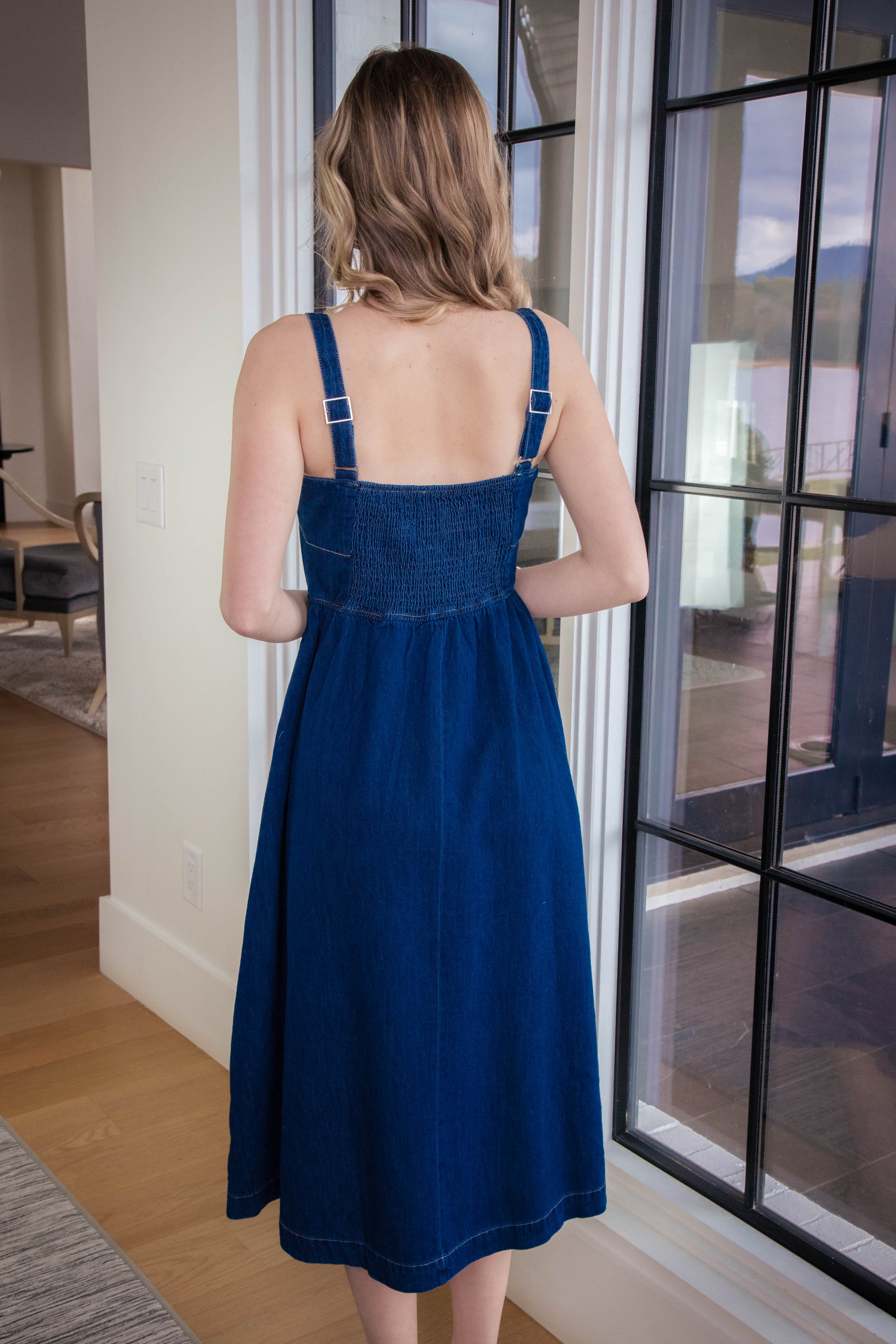  Eliana Lace Up Midi Dress, Denim