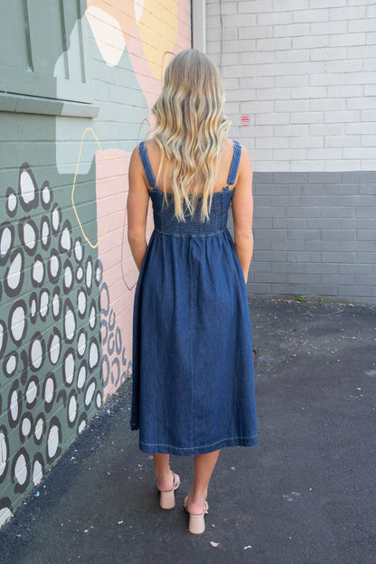  Eliana Lace Up Midi Dress, Denim