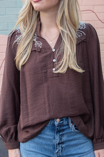  Mary Floral Embroidered Ruffle Neck Top, Brown