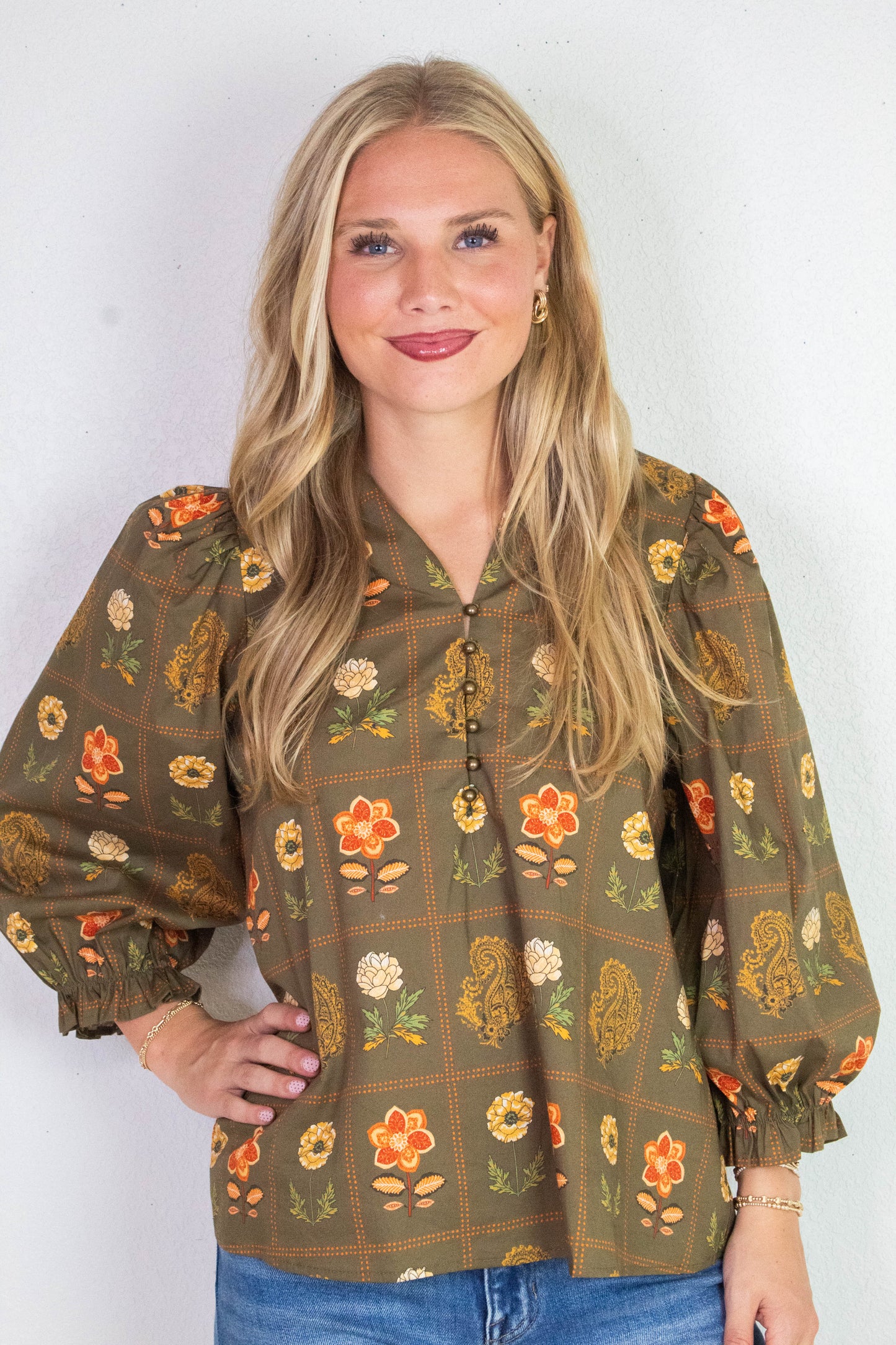  Emilia Floral Print Ruffle Detailed Top, Olive
