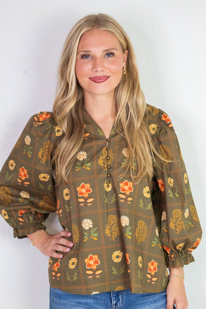  Emilia Floral Print Ruffle Detailed Top, Olive