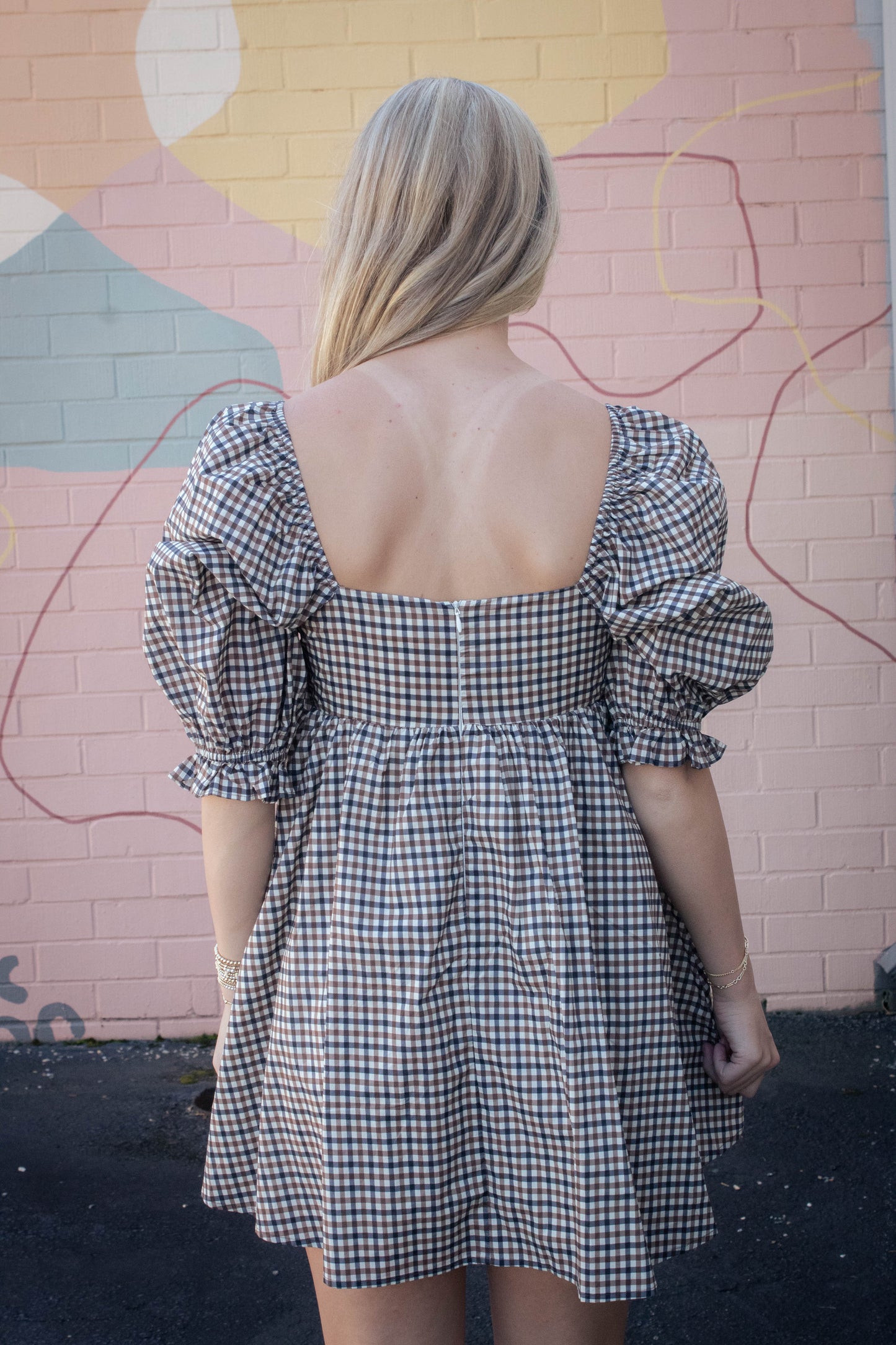  Rumi Square Neck Plaid Mini Dress, Navy/Brown