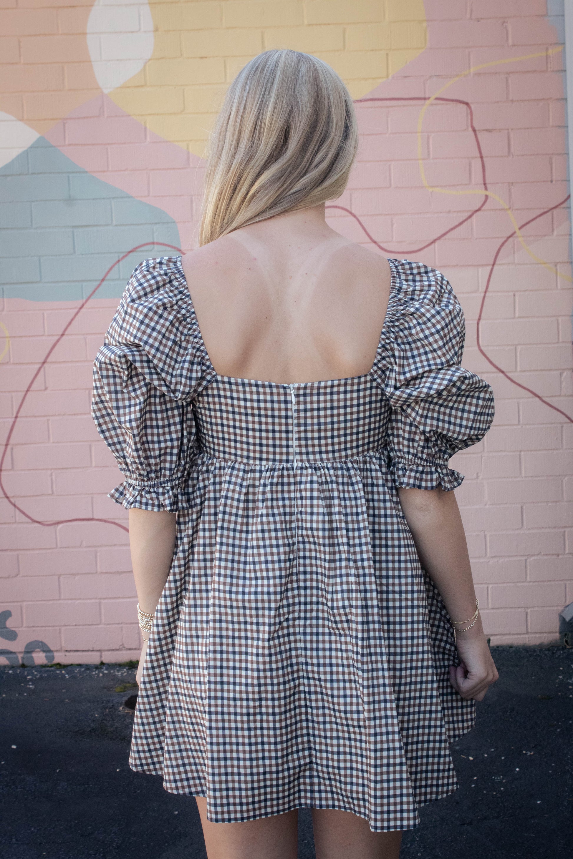  Rumi Square Neck Plaid Mini Dress, Navy/Brown