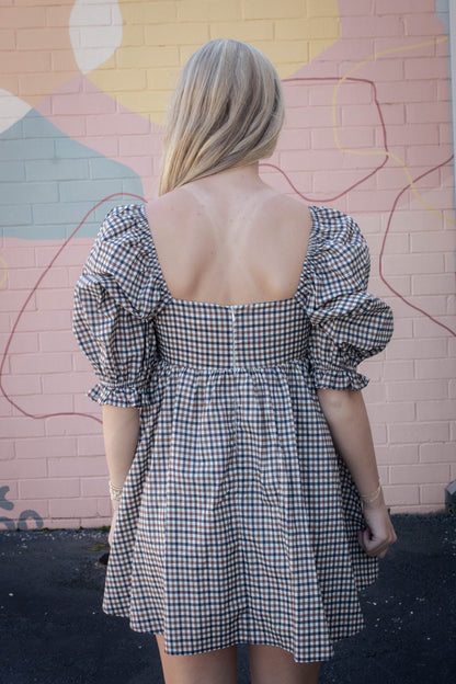  Rumi Square Neck Plaid Mini Dress, Navy/Brown