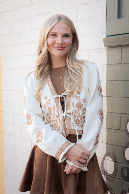 Mia Embroidered Front Tie Jacket, Ecru
