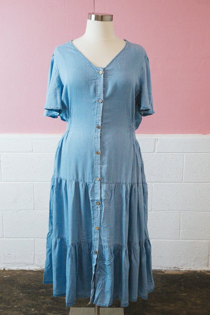  Josie Side Smocked Midi Dress, Light Denim | Plus Size