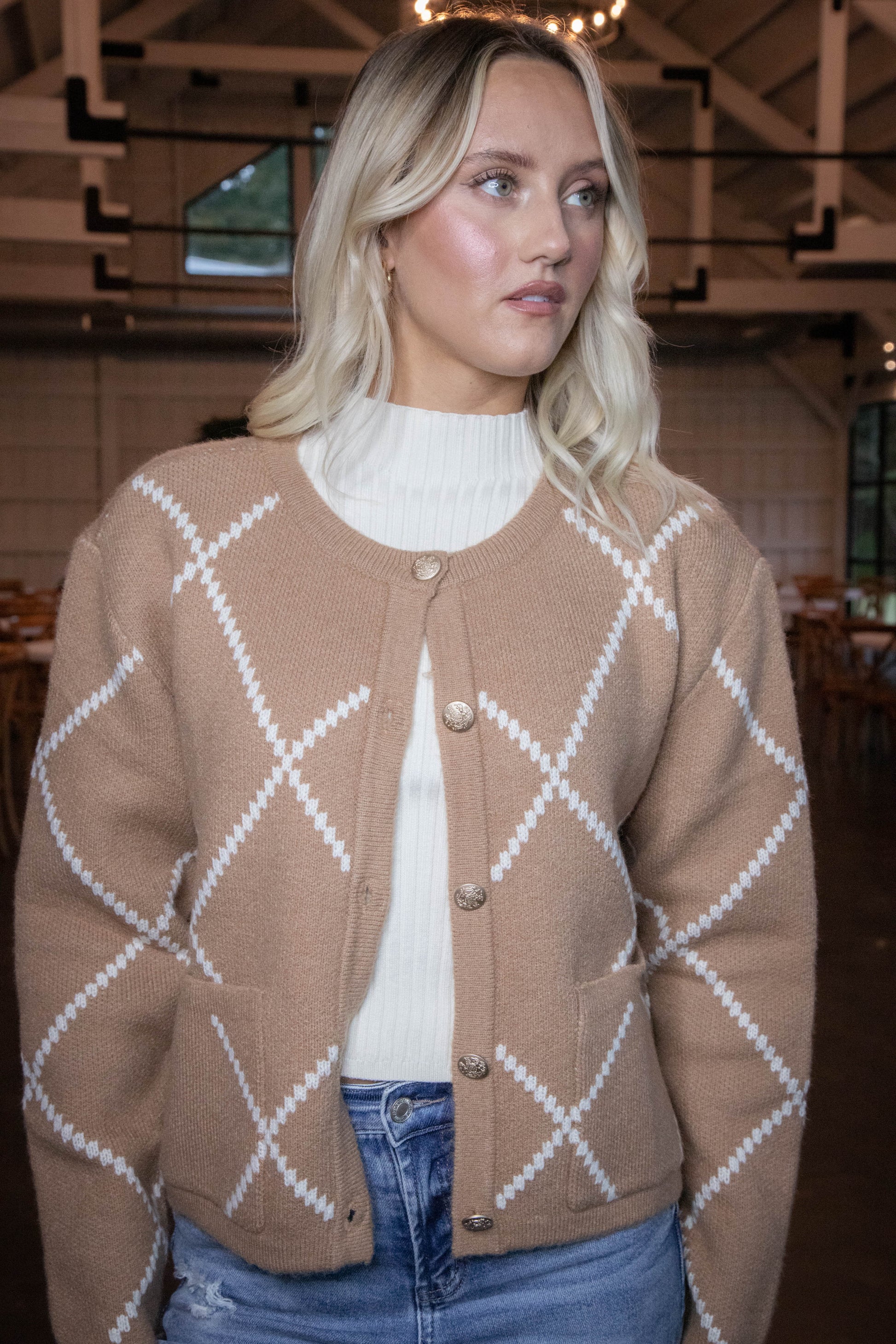  Argyle Thick Knit Cardigan, Brown/Ivory
