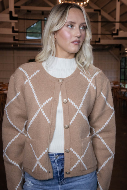  Argyle Thick Knit Cardigan, Brown/Ivory