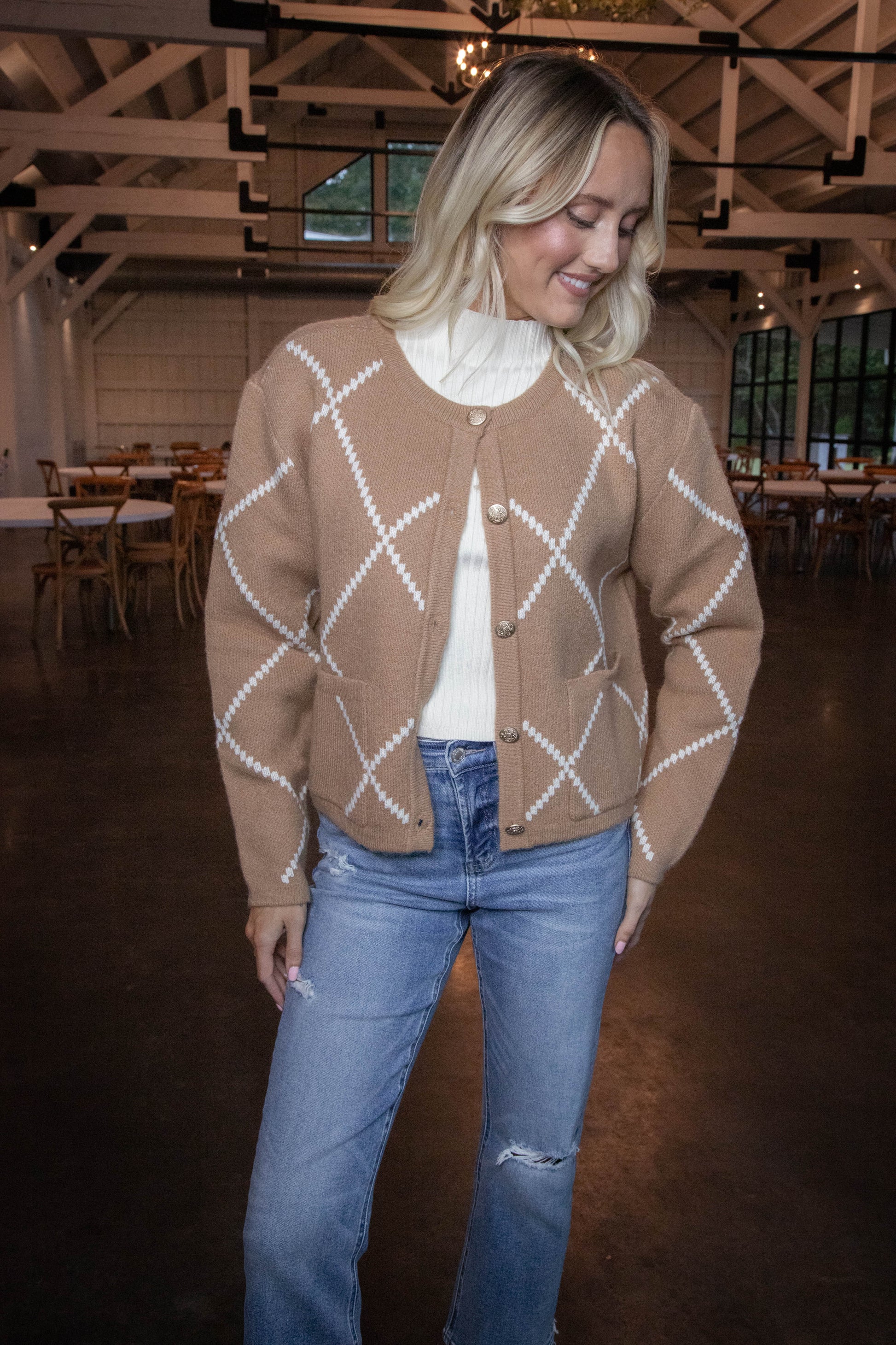  Argyle Thick Knit Cardigan, Brown/Ivory
