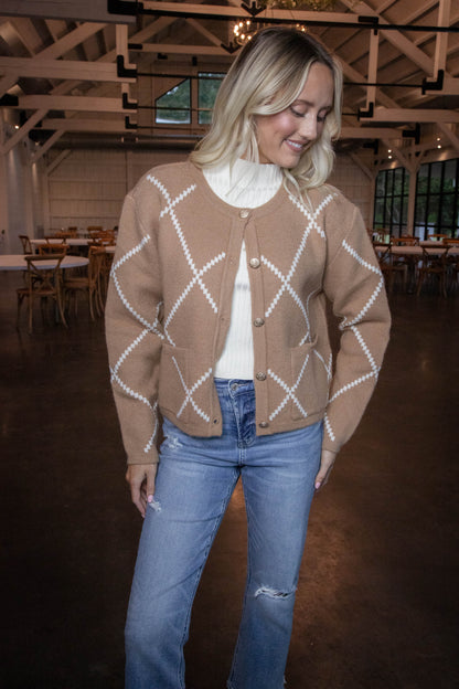  Argyle Thick Knit Cardigan, Brown/Ivory