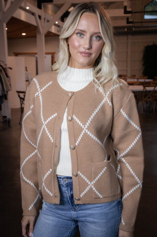  Argyle Thick Knit Cardigan, Brown/Ivory