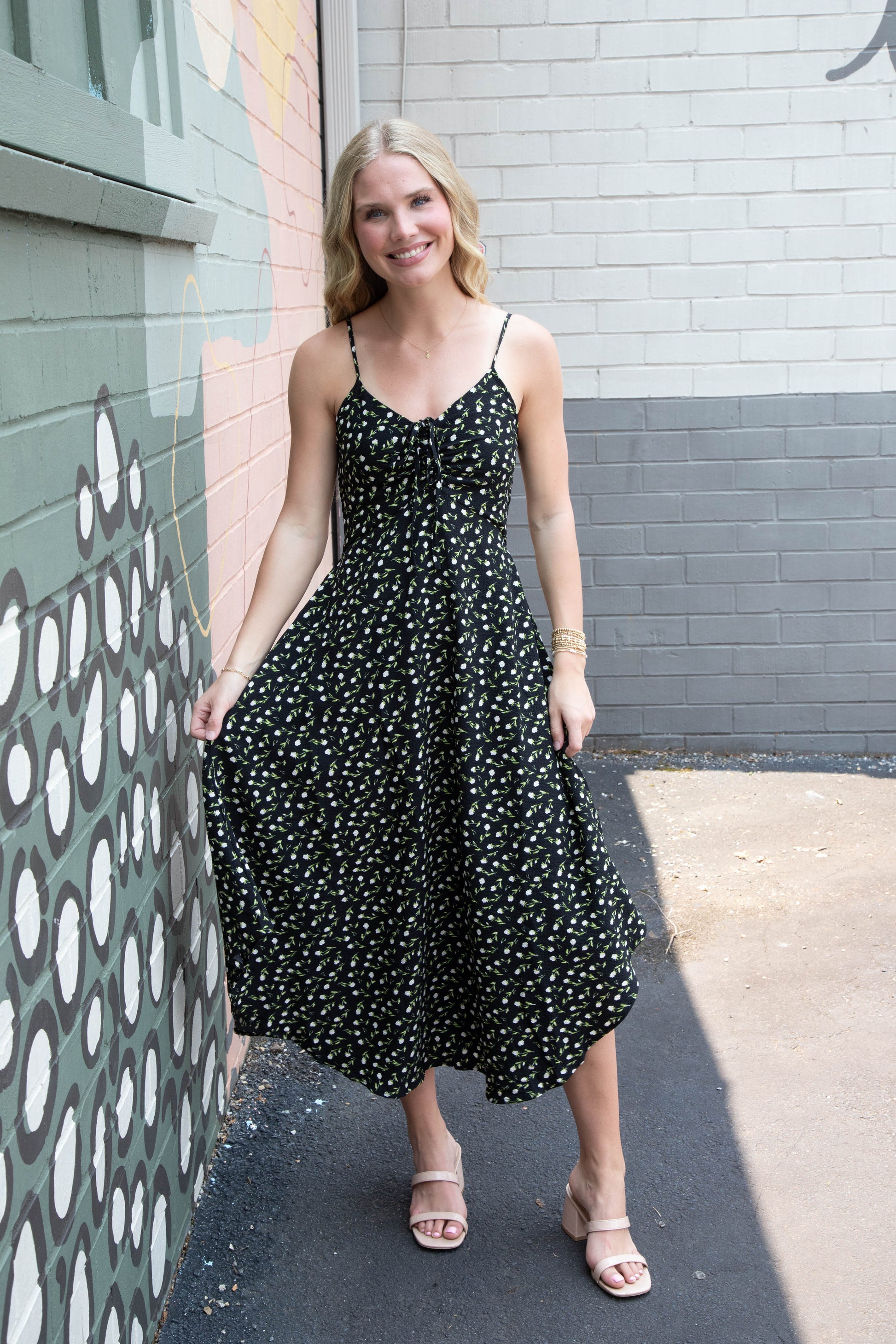  Halle Ditsy Floral Sleeveless Midi Dress, Black