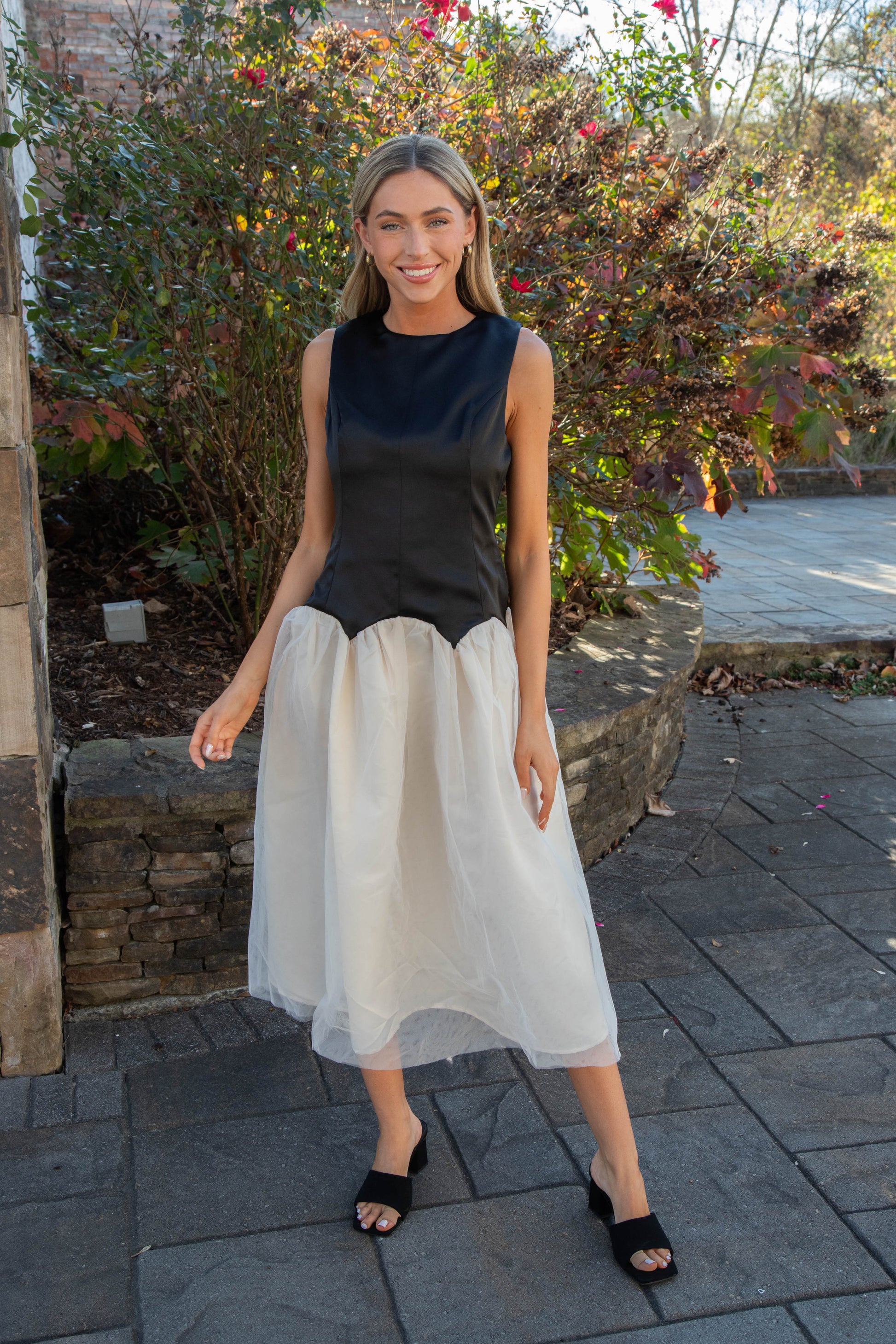  Joyce Low Waist Midi Dress, Black/Ivory
