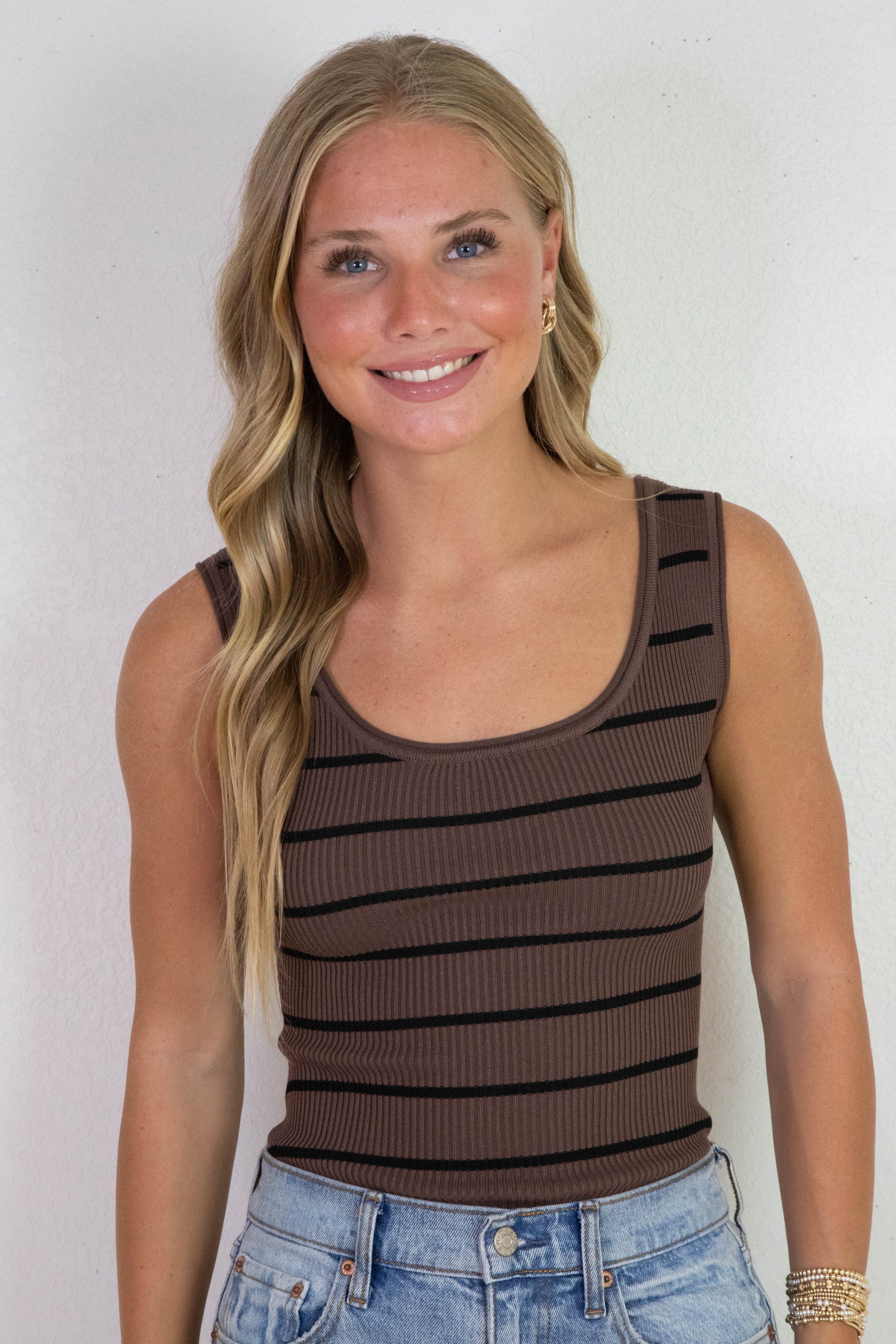  Harmony Striped Sweater Tank Bodysuit, Brown