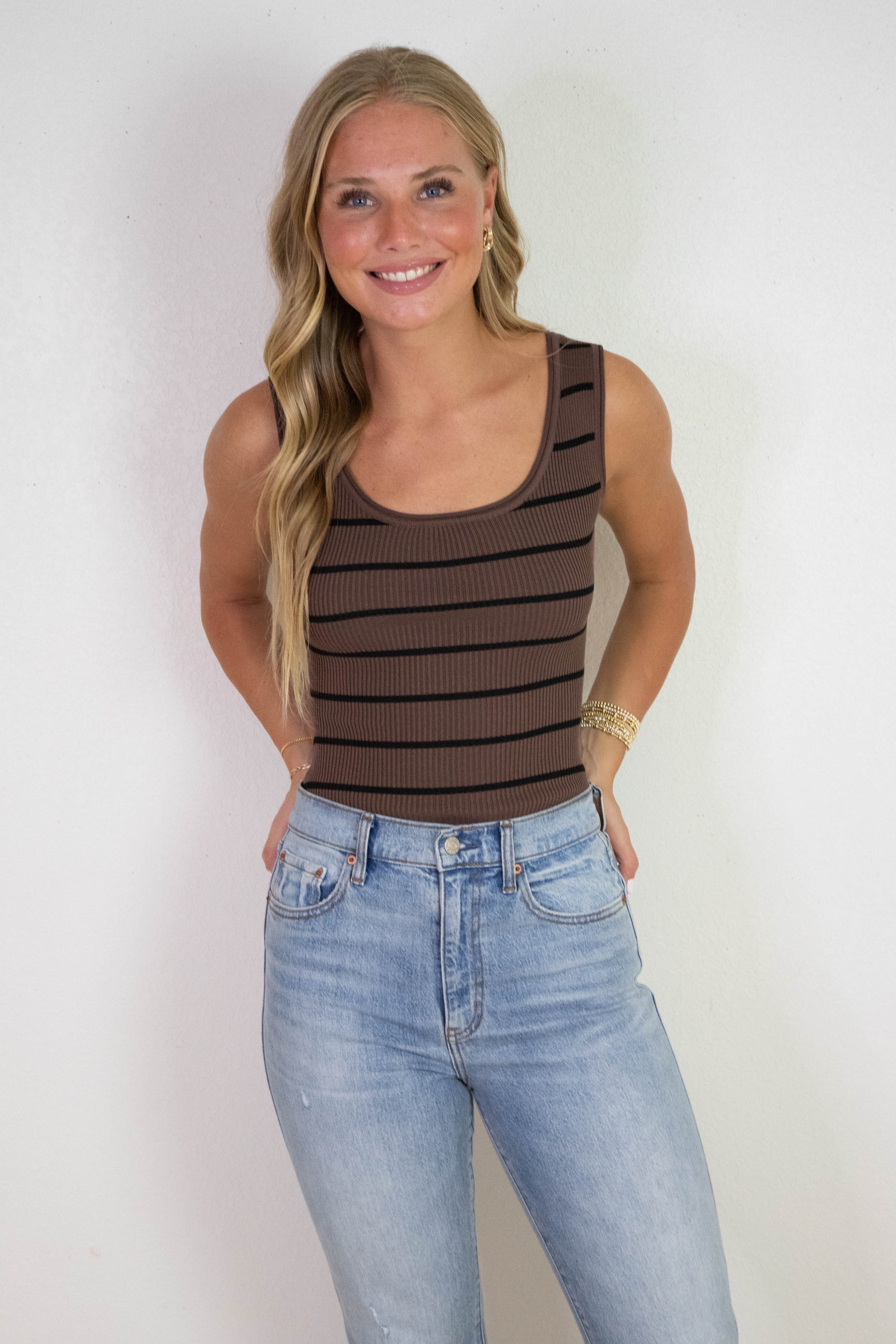  Harmony Striped Sweater Tank Bodysuit, Brown