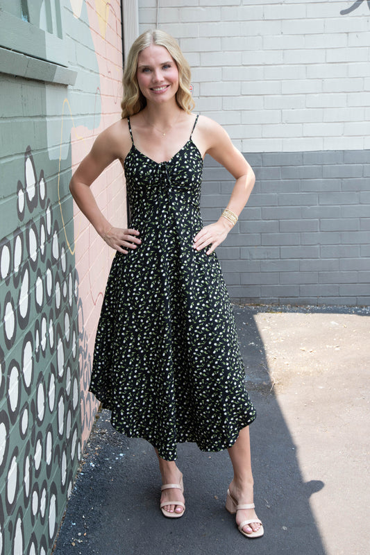  Halle Ditsy Floral Sleeveless Midi Dress, Black