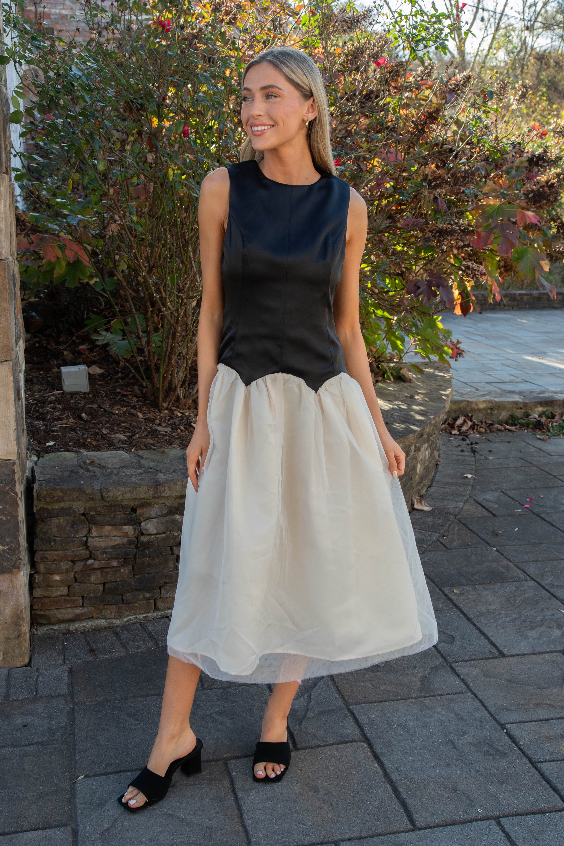  Joyce Low Waist Midi Dress, Black/Ivory