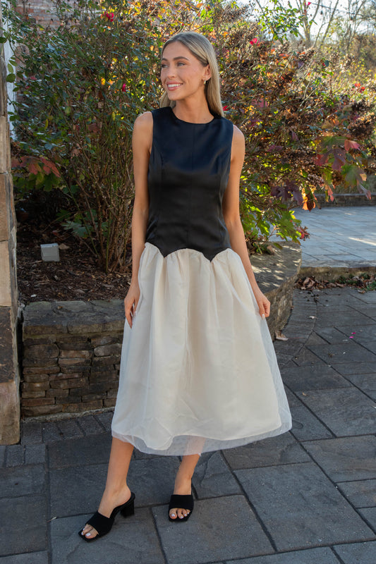 Joyce Low Waist Midi Dress, Black/Ivory