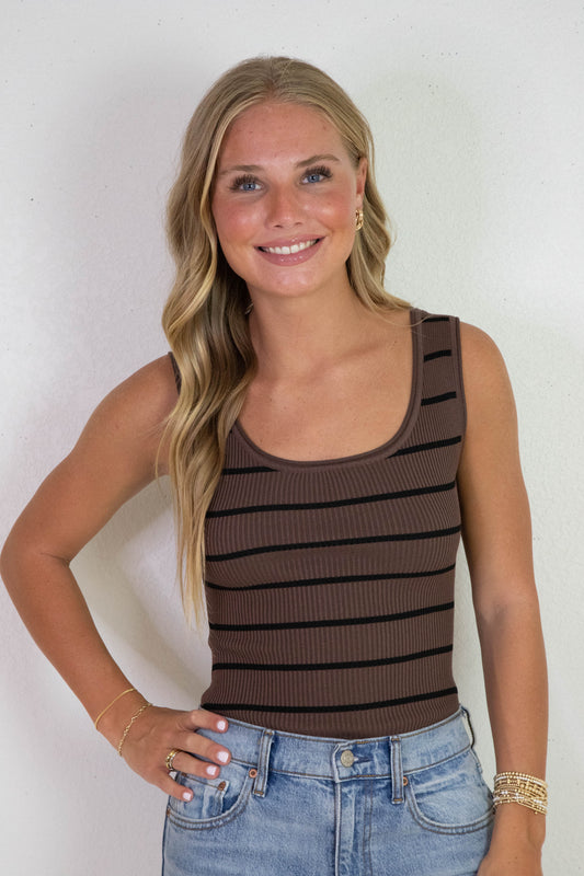  Harmony Striped Sweater Tank Bodysuit, Brown