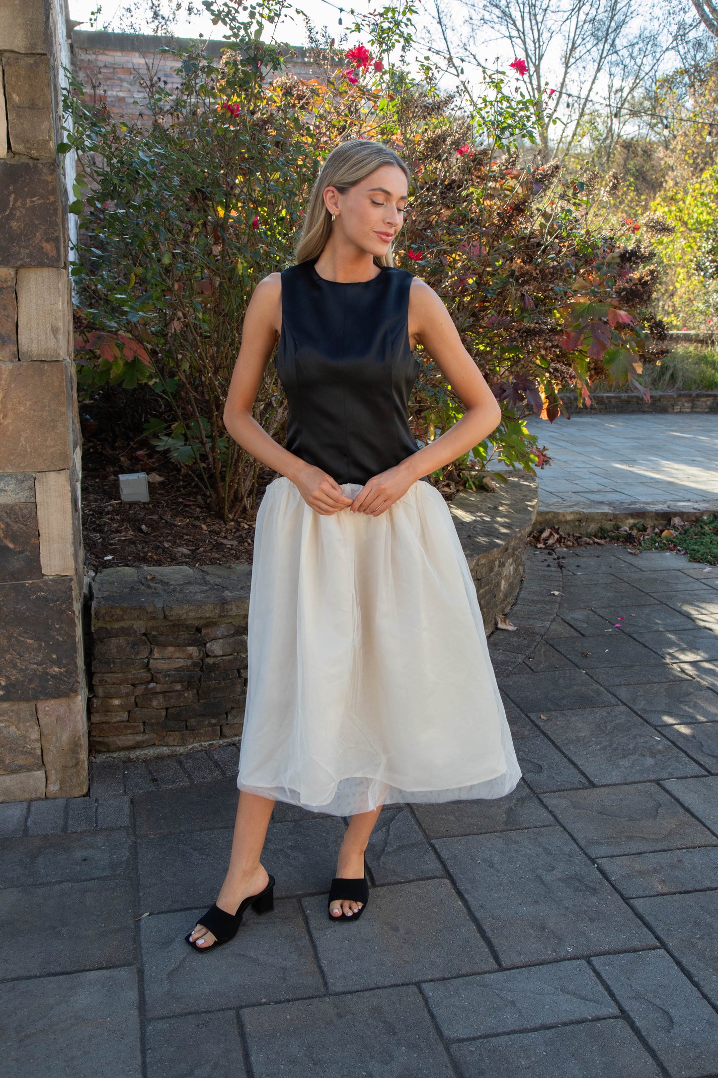  Joyce Low Waist Midi Dress, Black/Ivory