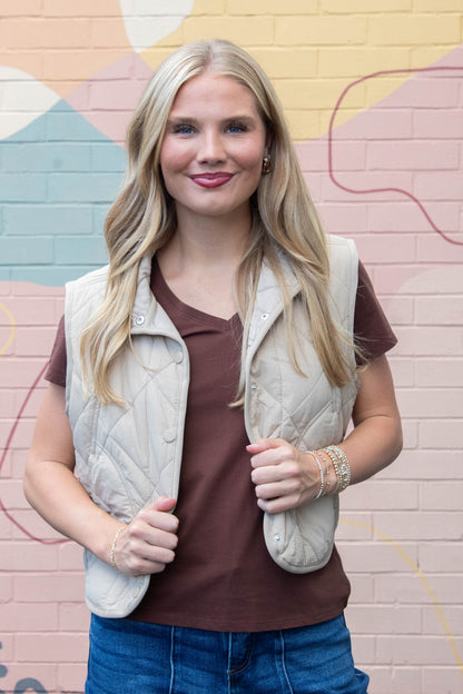  Sara Snap Button Quilted Vest, Khaki