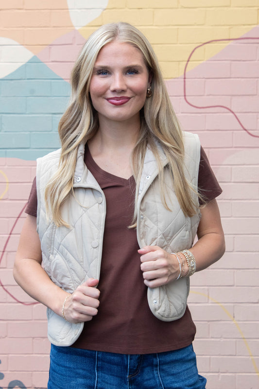  Sara Snap Button Quilted Vest, Khaki