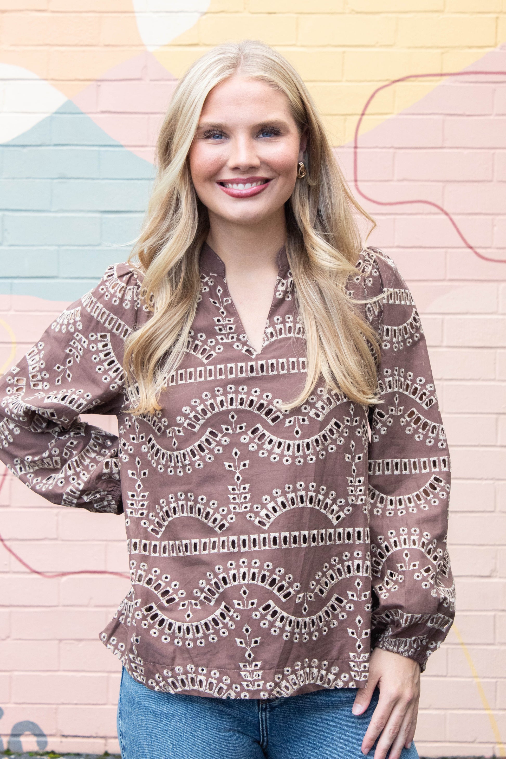  Daphne Eyelet Embroidered Blouse, Mocha