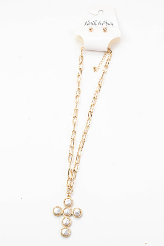  Indie Pearl Flat Beaded Cross Necklace, Gold