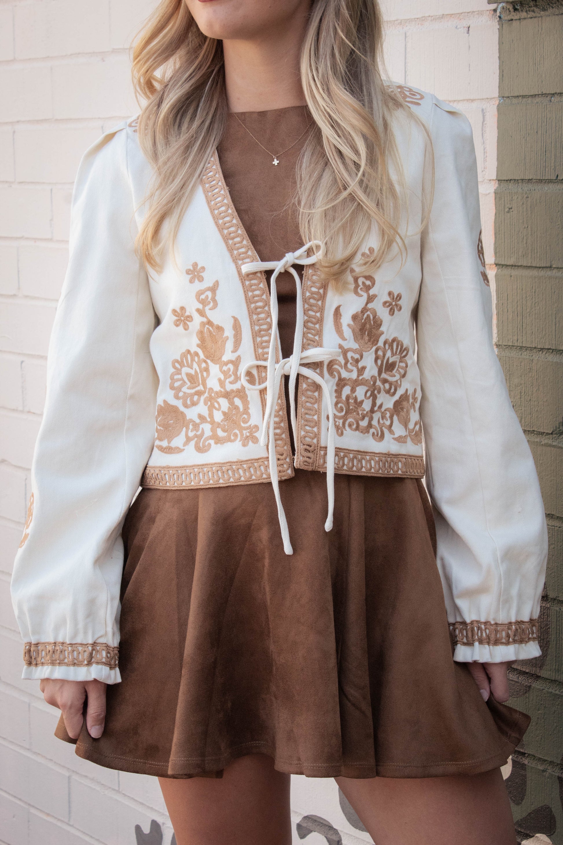  Mia Embroidered Front Tie Jacket, Ecru