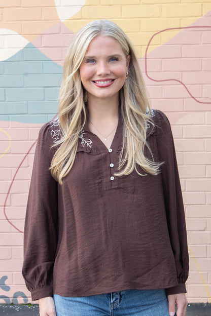  Mary Floral Embroidered Ruffle Neck Top, Brown
