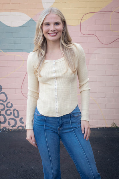  Opal Waffle Knit Snap Button Top, Yellow