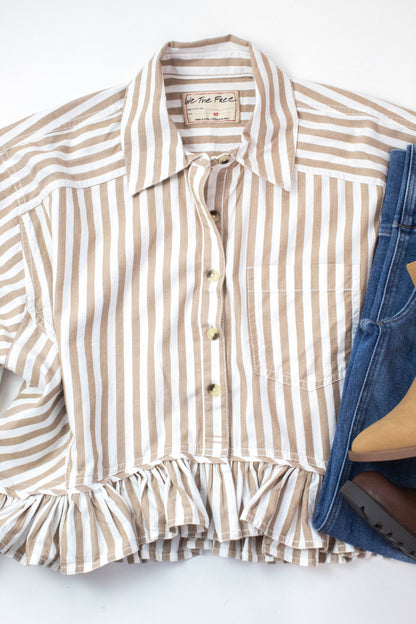  Bailey Stripe Ruffle Hem Shirt, Neutral Combo | Free People