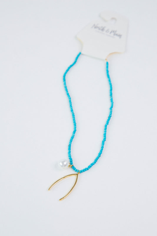  Elaina Beaded Charm Necklace, Gold/Turquoise