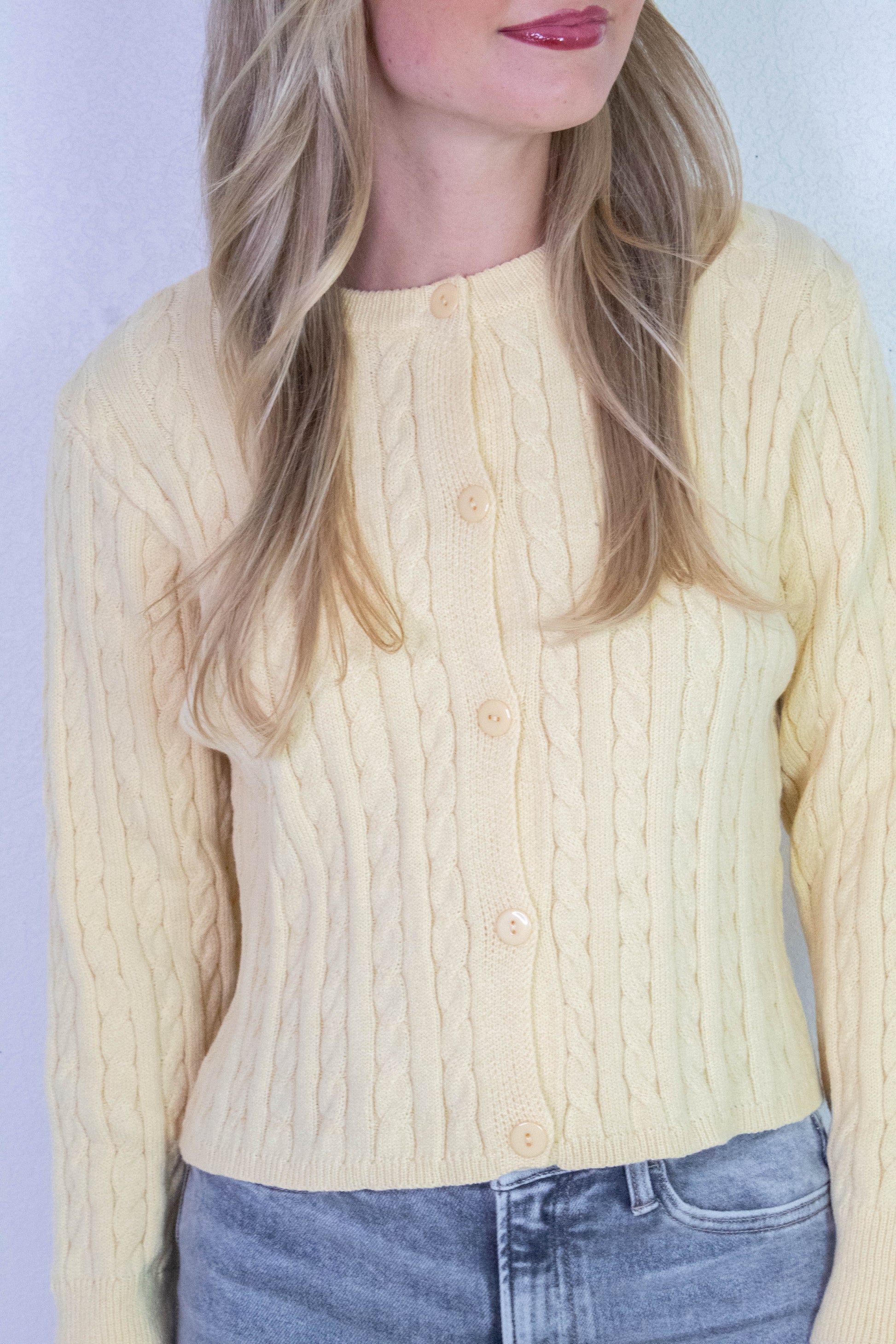  Josephine Cable Knit Boxy Cardigan, Butter