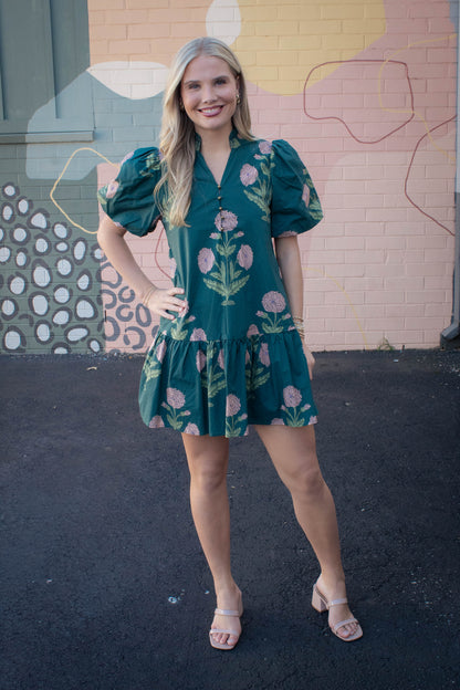  Avery Floral Bubble Sleeve Dress, Hunter Green