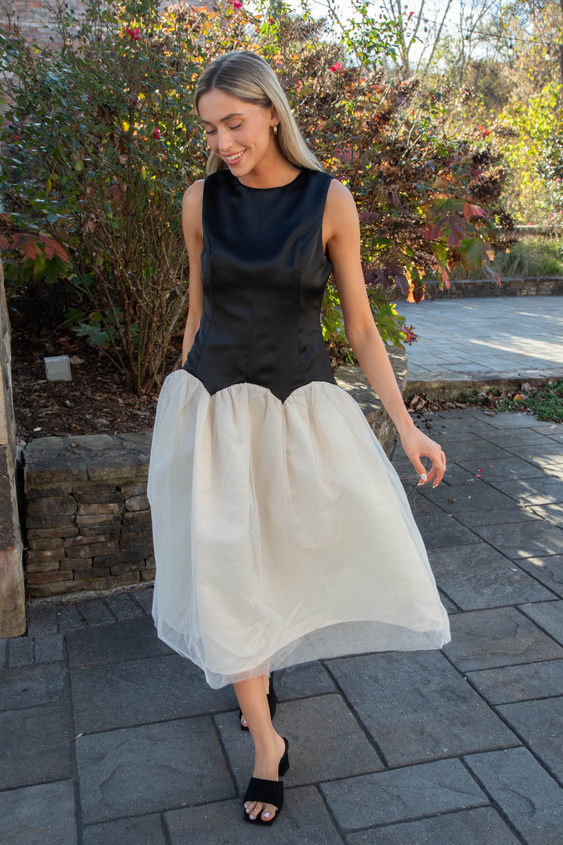  Joyce Low Waist Midi Dress, Black/Ivory