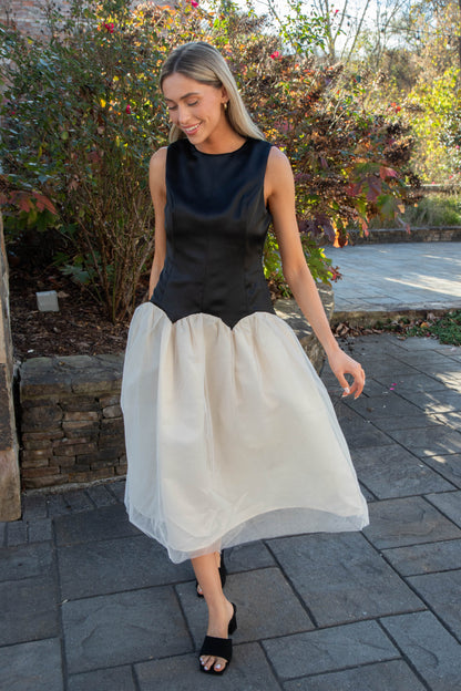  Joyce Low Waist Midi Dress, Black/Ivory