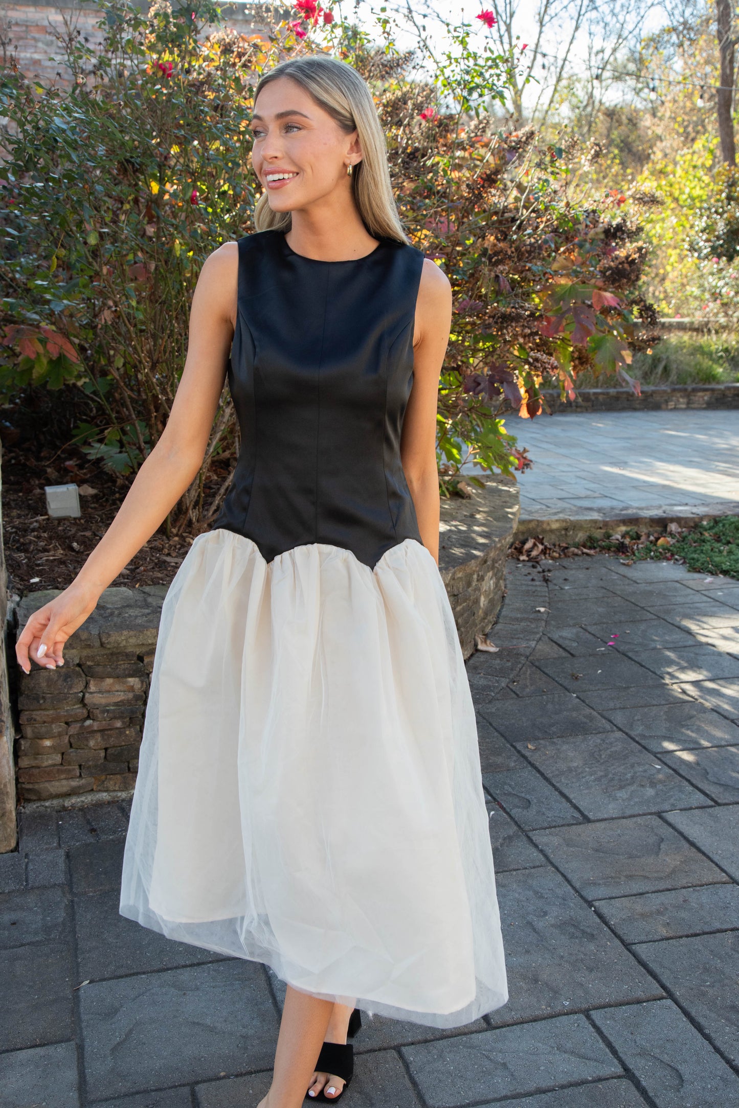  Joyce Low Waist Midi Dress, Black/Ivory