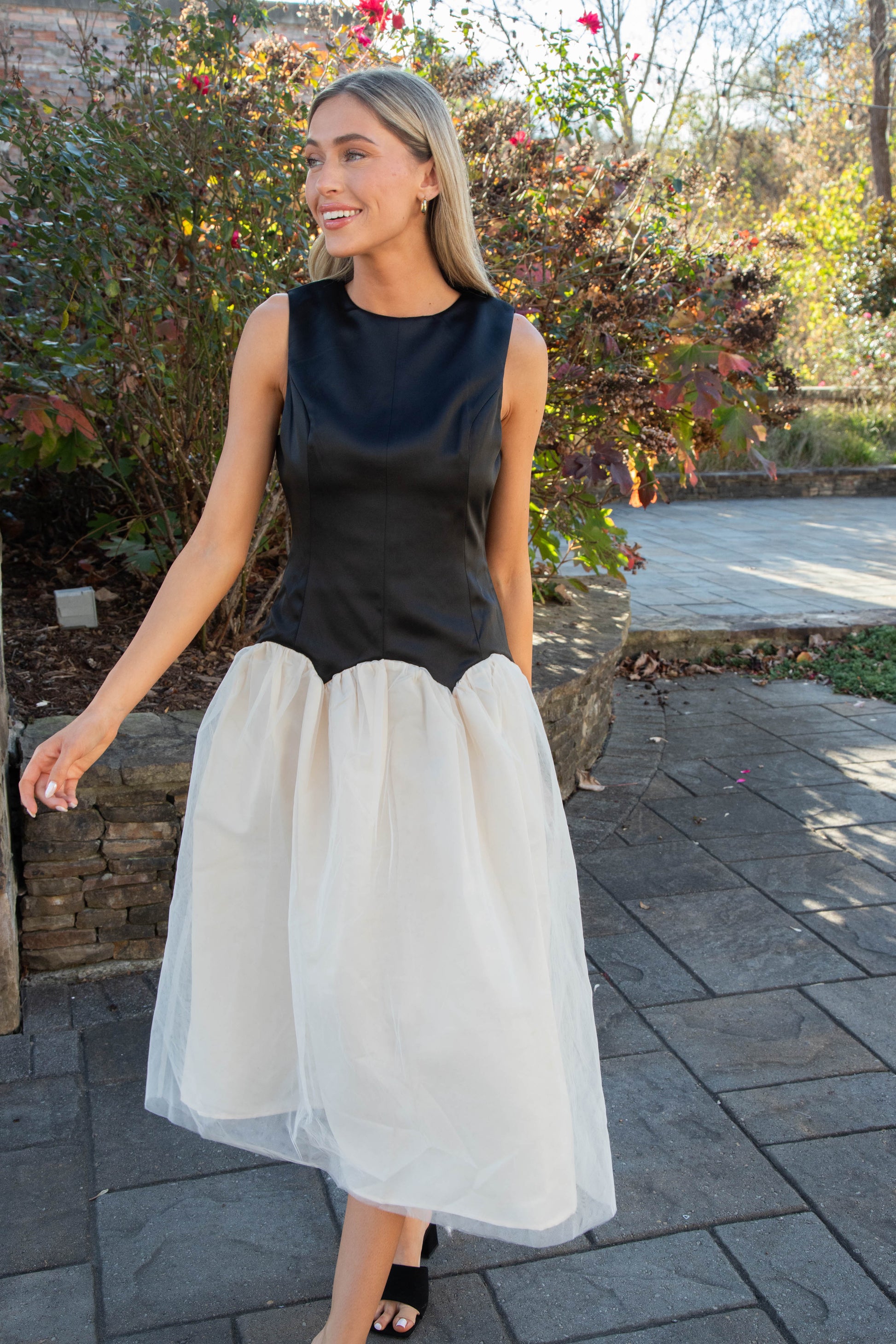  Joyce Low Waist Midi Dress, Black/Ivory