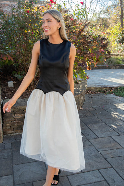  Joyce Low Waist Midi Dress, Black/Ivory