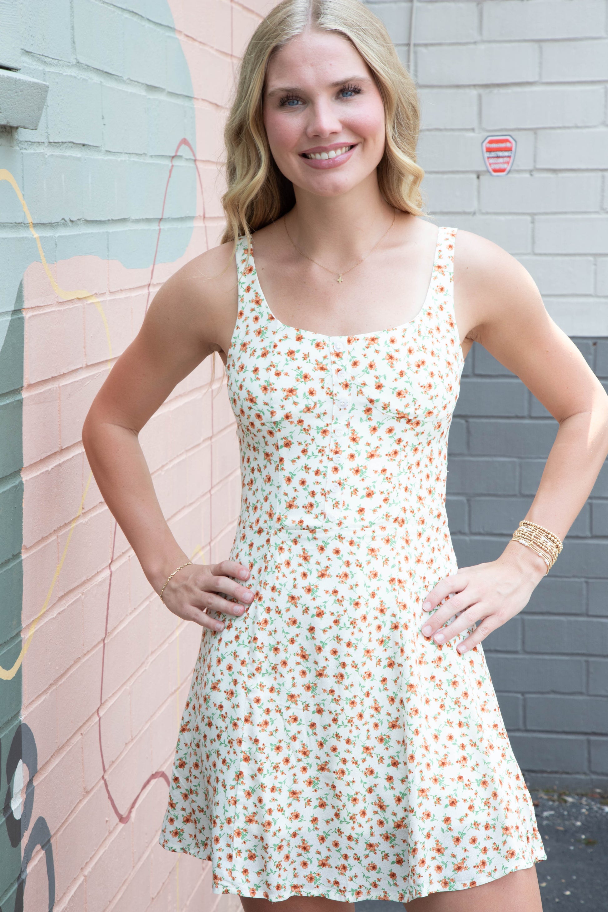  Laney Ditsy Floral Button Detail Dress, Cream Multi