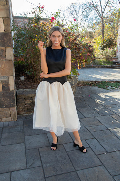  Joyce Low Waist Midi Dress, Black/Ivory