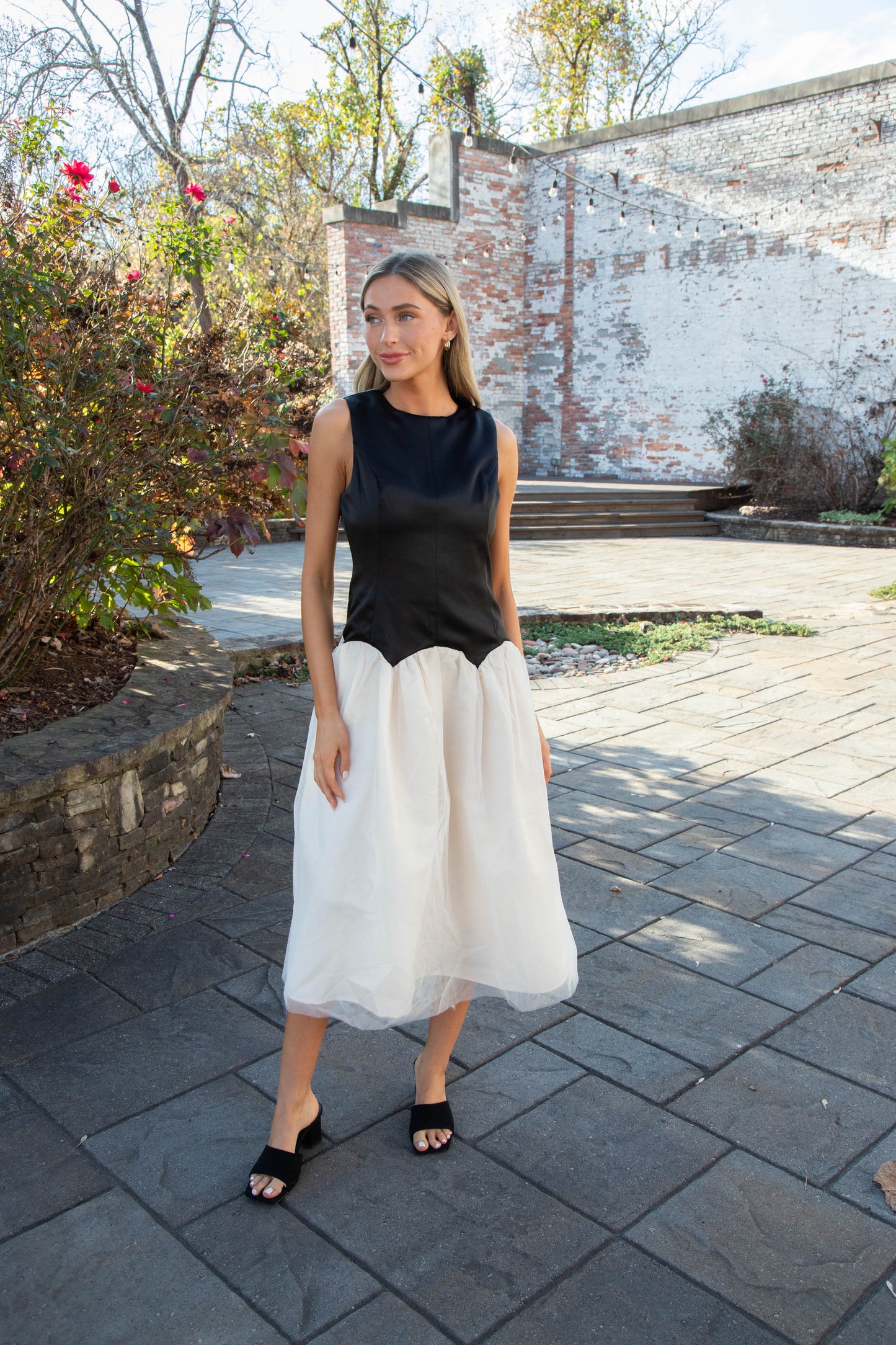  Joyce Low Waist Midi Dress, Black/Ivory