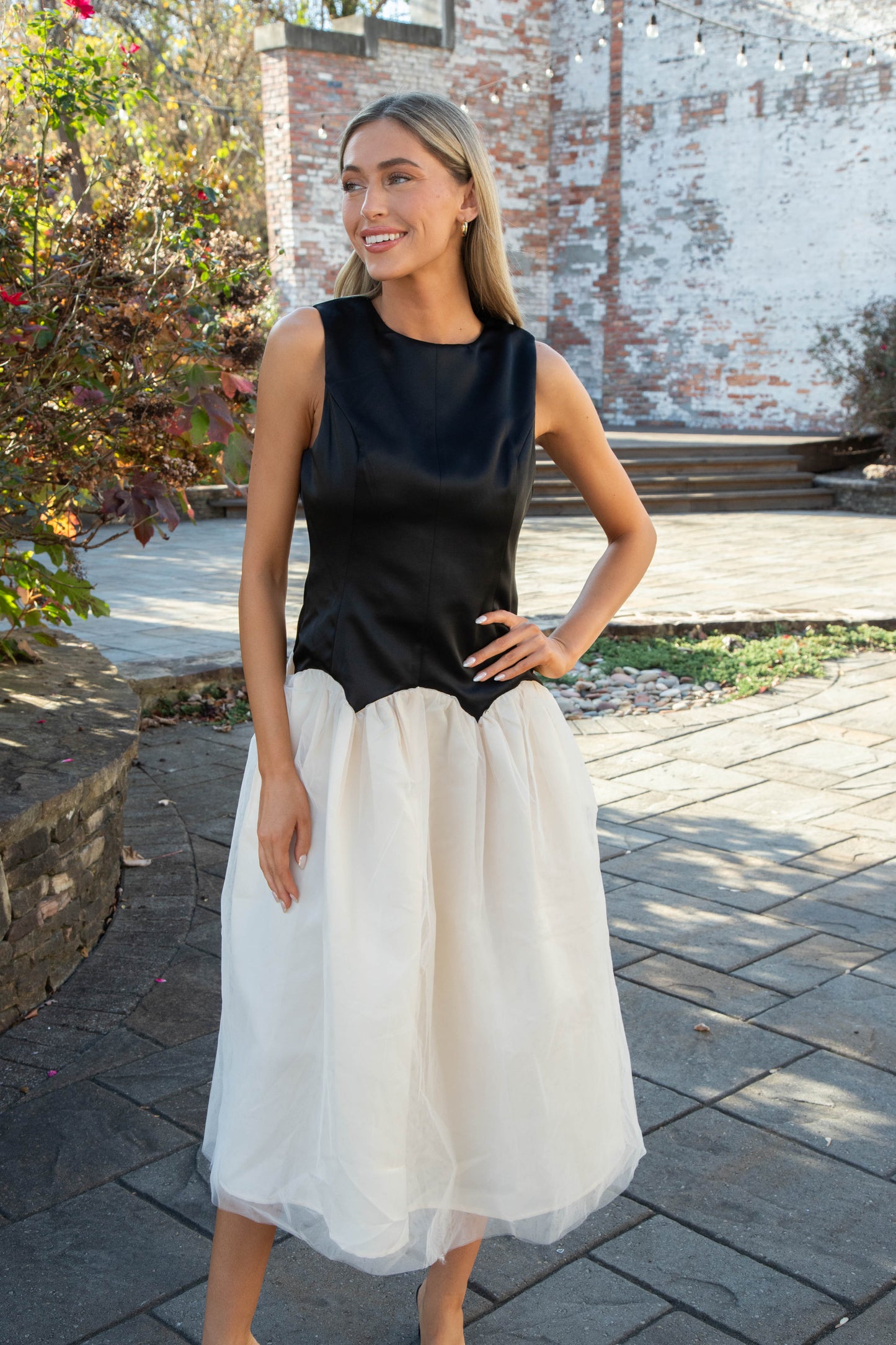  Joyce Low Waist Midi Dress, Black/Ivory