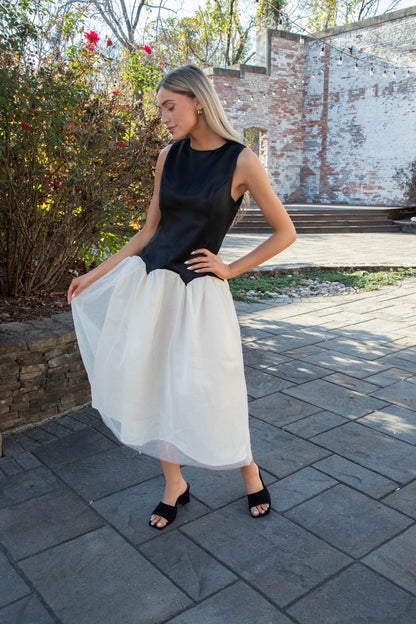 Joyce Low Waist Midi Dress, Black/Ivory