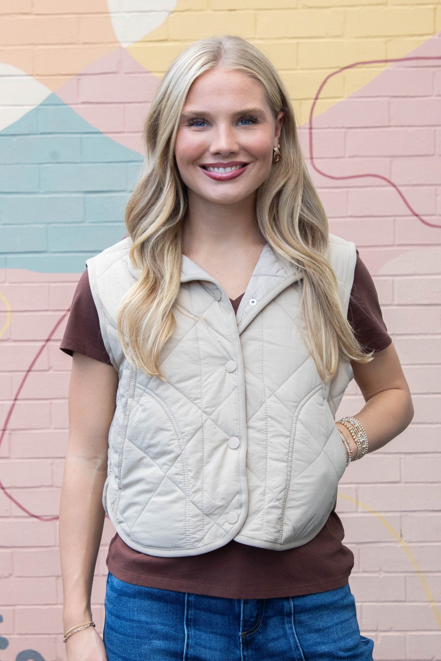  Sara Snap Button Quilted Vest, Khaki